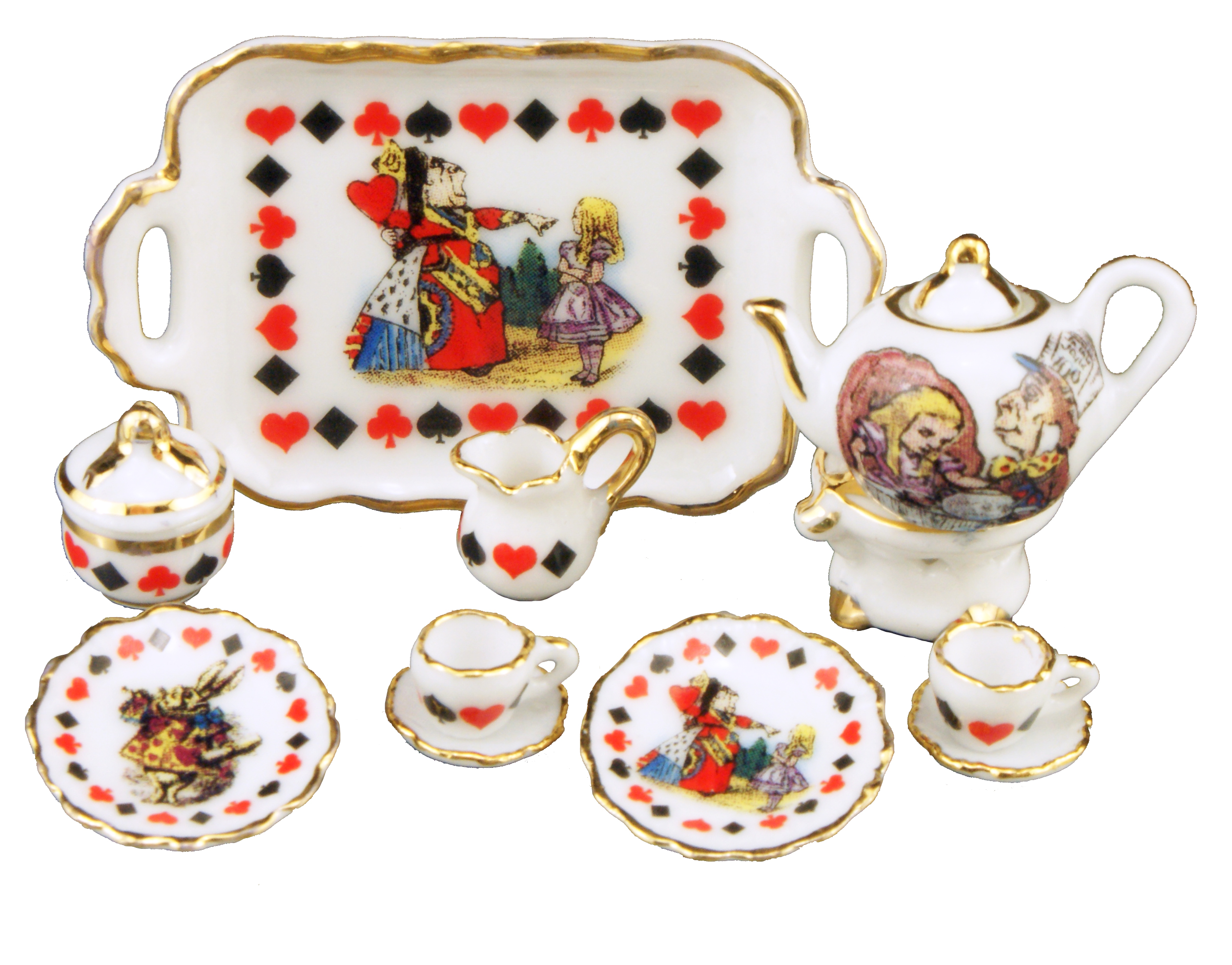 Reutter Porcelain Alice in Wonderland Miniature Tea Set in Picnic Basket 
